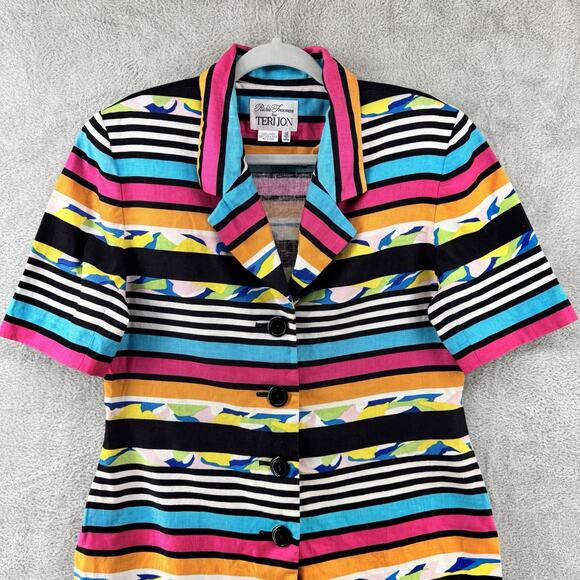 Richie Freeman For Teri Jon Blazer Women 12 Multicolor Linen Striped Rainbow Art - Picture 3 of 10